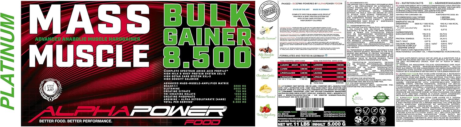 گینر افزایش وزن ALPHAPOWER FOOD، 5 کیلوگرم، طعم وانیلی