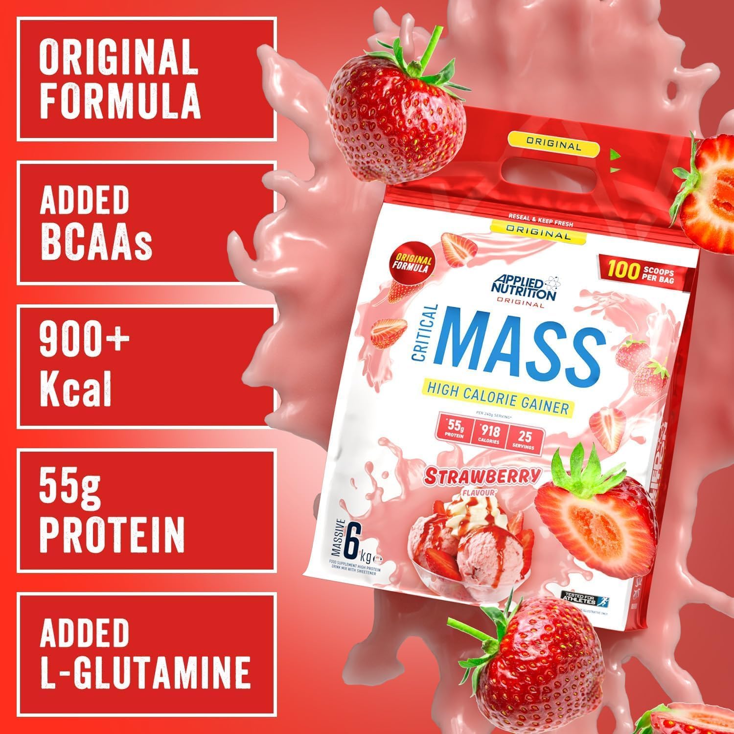 گینر افزایش وزن Applied Nutrition Original Critical Mass، 6 کیلوگرم، 25 سروینگ، طعم توت‌فرنگی