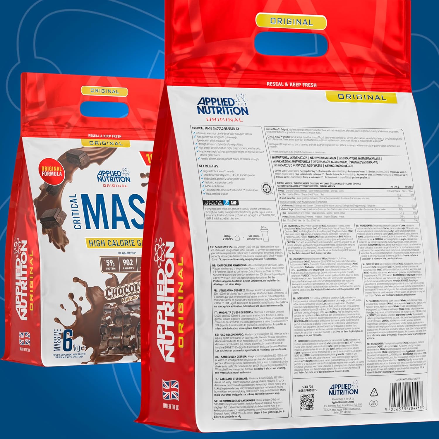 گینر افزایش وزن Applied Nutrition Original Critical Mass، 6 کیلوگرم، 40 سروینگ، طعم شکلاتی