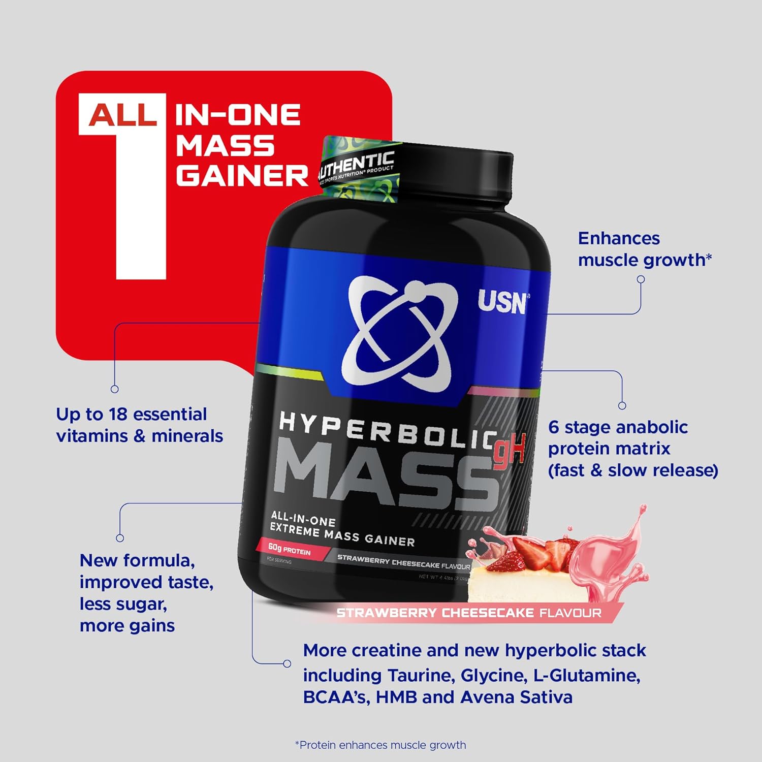 گینر افزایش وزن USN Hyperbolic Mass، 2 کیلوگرم، طعم توت‌فرنگی