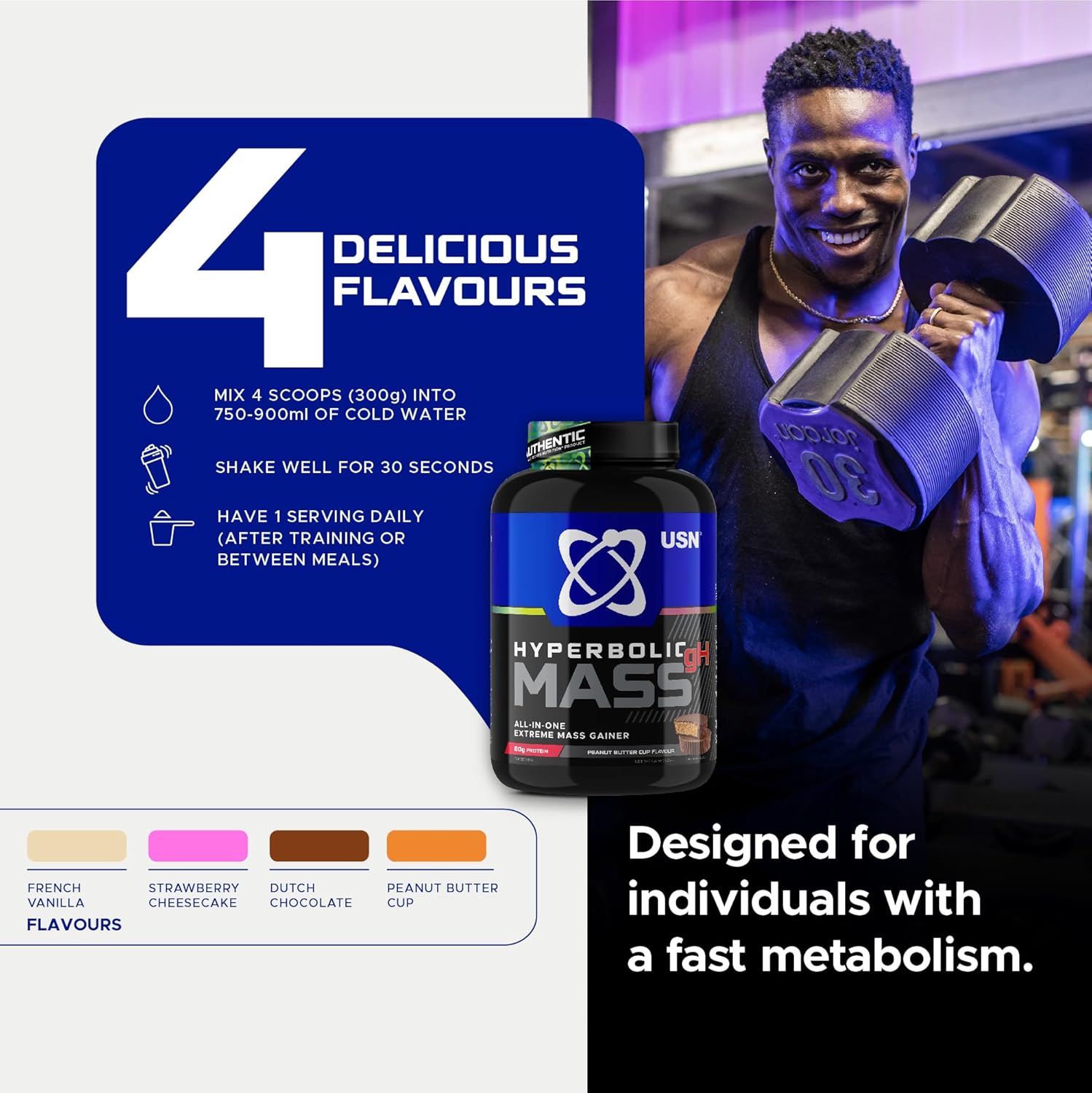 گینر افزایش وزن USN Hyperbolic Mass، 2 کیلوگرم، طعم توت‌فرنگی
