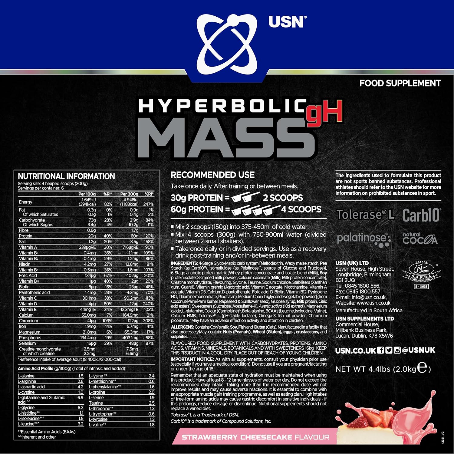 گینر افزایش وزن USN Hyperbolic Mass، 2 کیلوگرم، طعم توت‌فرنگی