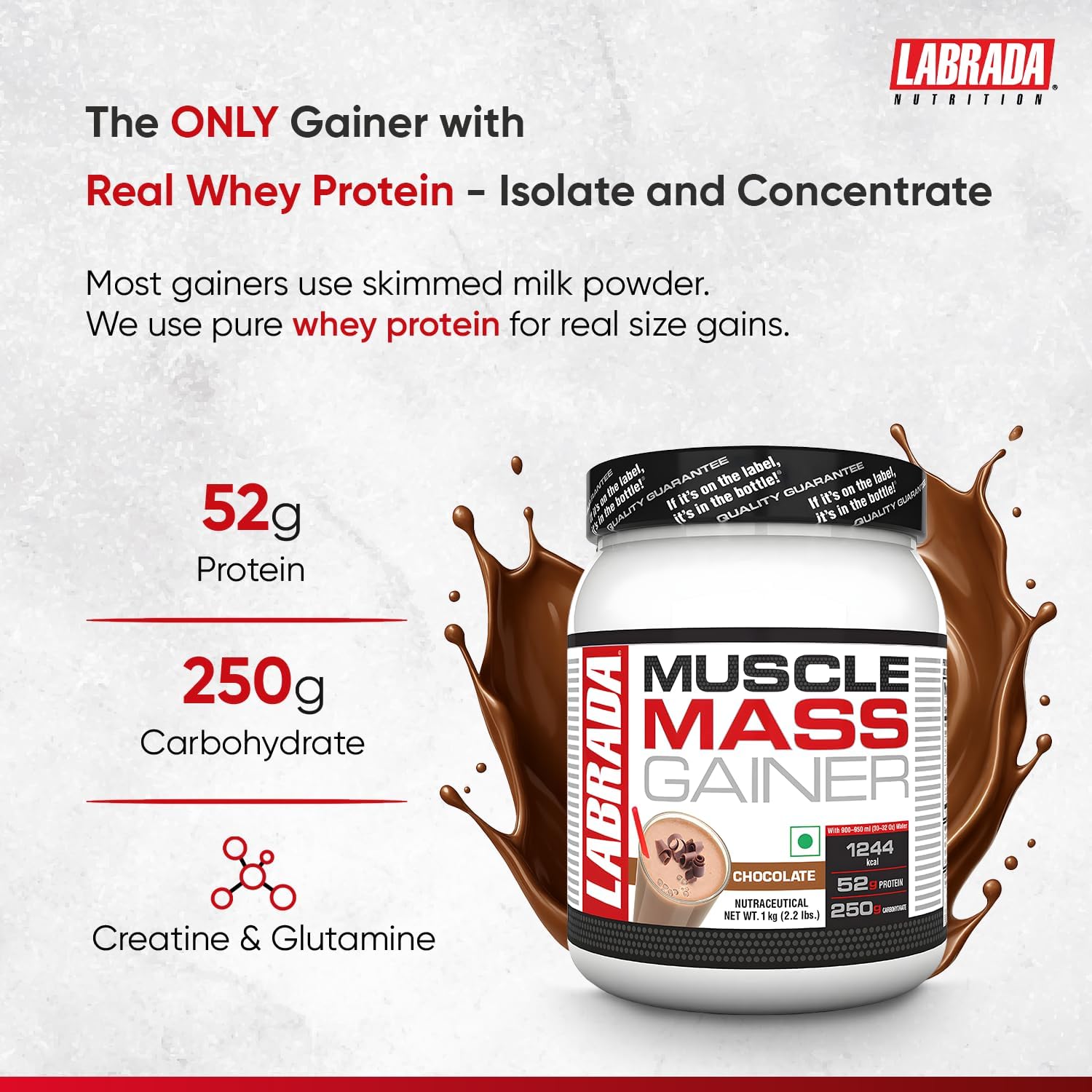 گینر افزایش وزن Labrada، 52 گرم پروتئین، 1 کیلوگرم، 3 سروینگ، طعم شکلاتی