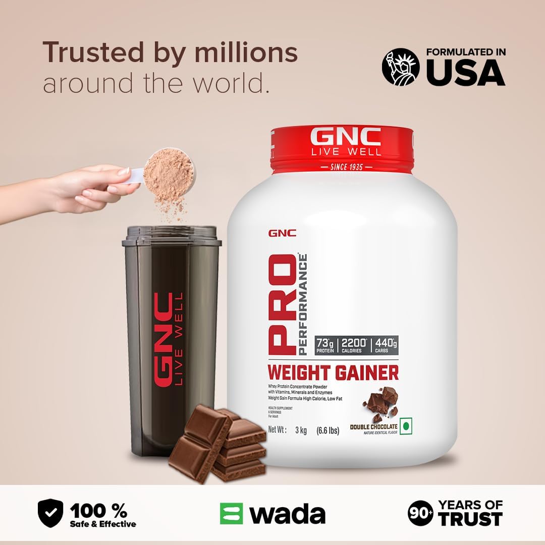 گینر افزایش وزن GNC، 73 گرم پروتئین، 3 کیلوگرم، طعم شکلات دوبل