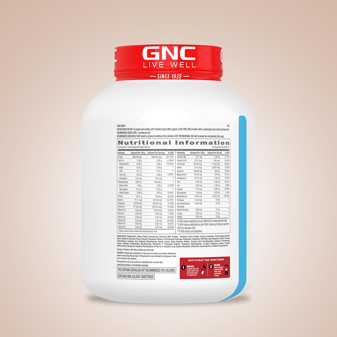 گینر افزایش وزن GNC، 73 گرم پروتئین، 3 کیلوگرم، طعم شکلات دوبل
