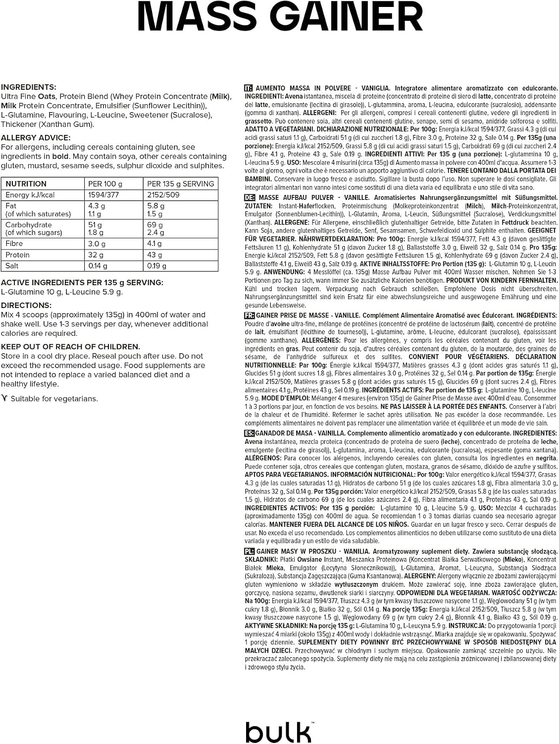 گینر افزایش وزن BULK POWDERS، 42 گرم پروتئین، 1 کیلوگرم، 6 سروینگ، طعم وانیلی
