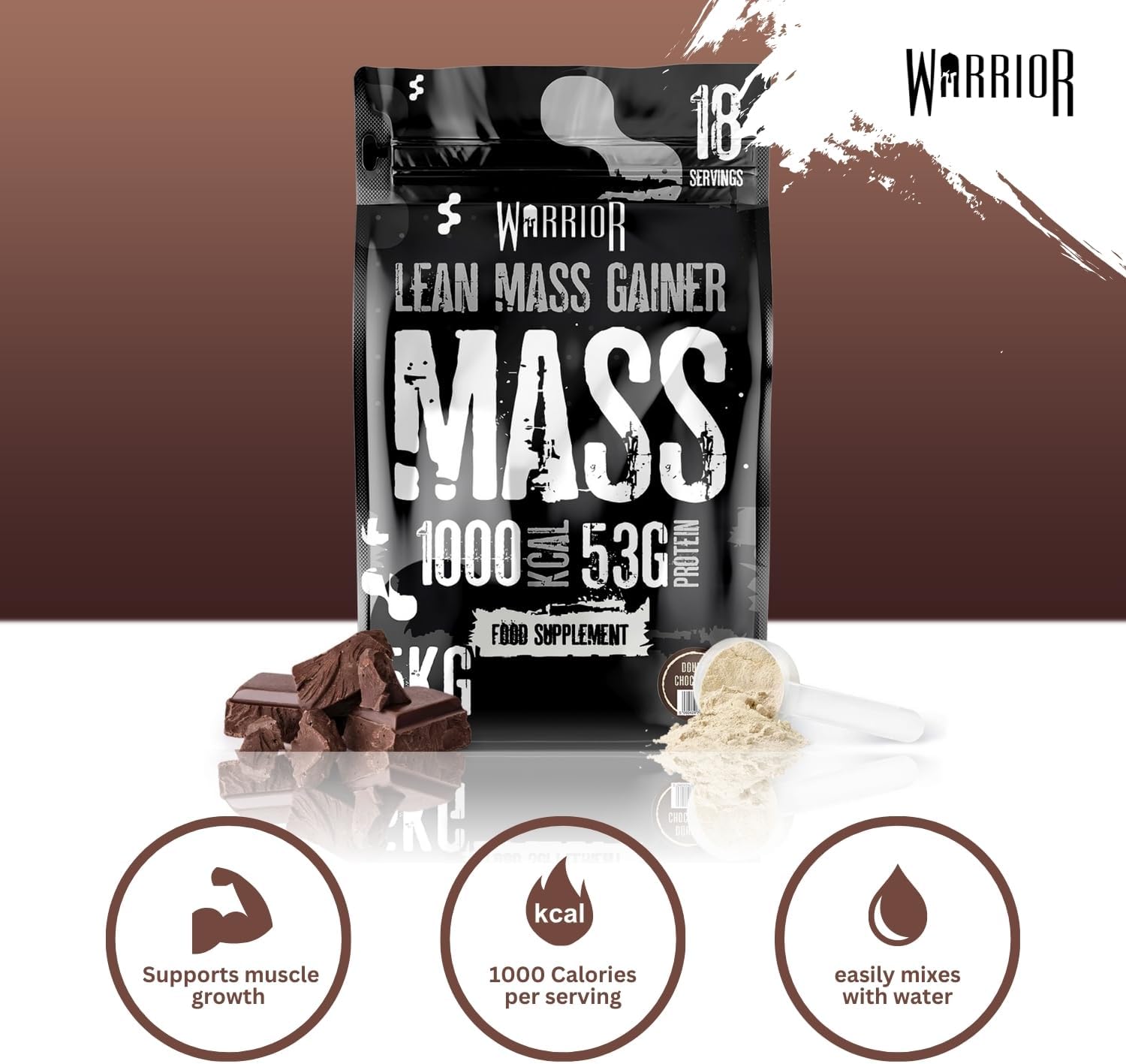 گینر افزایش وزن Warrior، 60 گرم پروتئین، 5 کیلوگرم، طعم شکلات دوبل