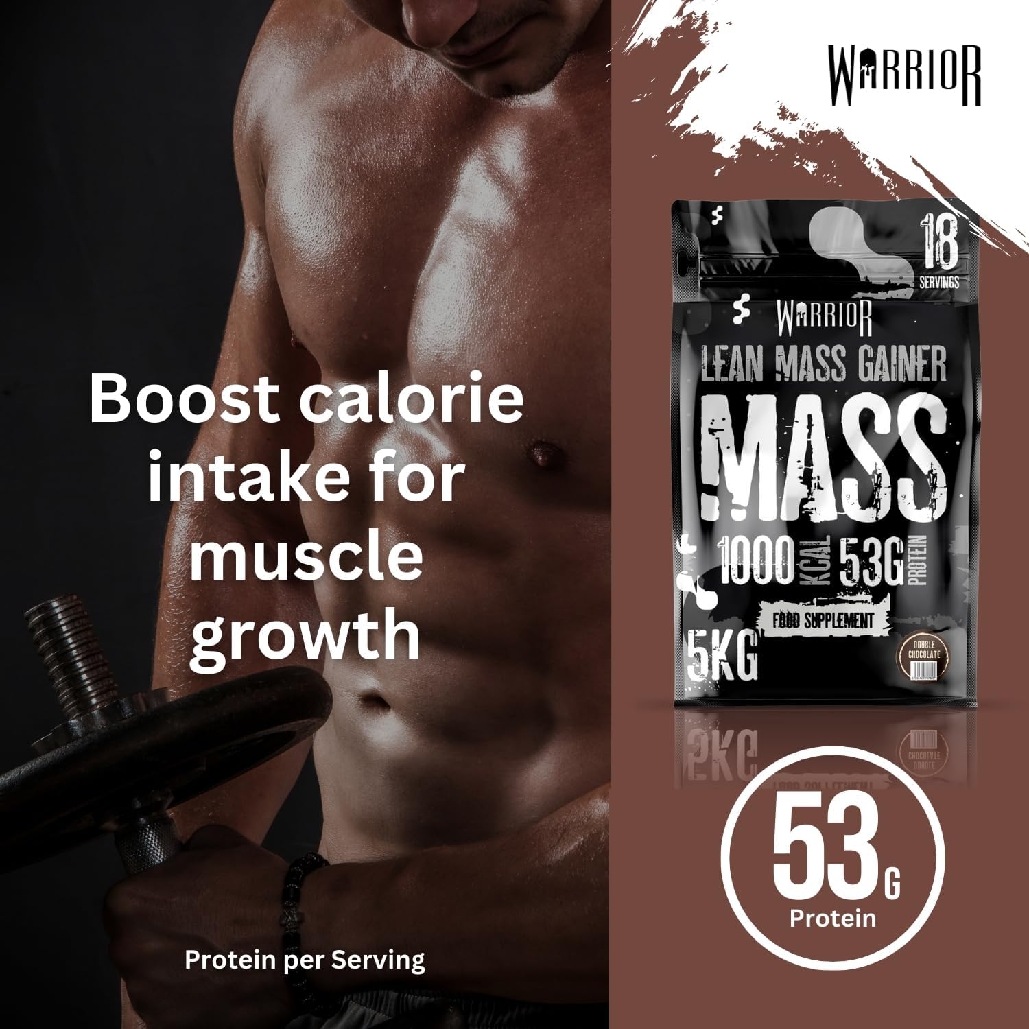 گینر افزایش وزن Warrior، 60 گرم پروتئین، 5 کیلوگرم، طعم شکلات دوبل