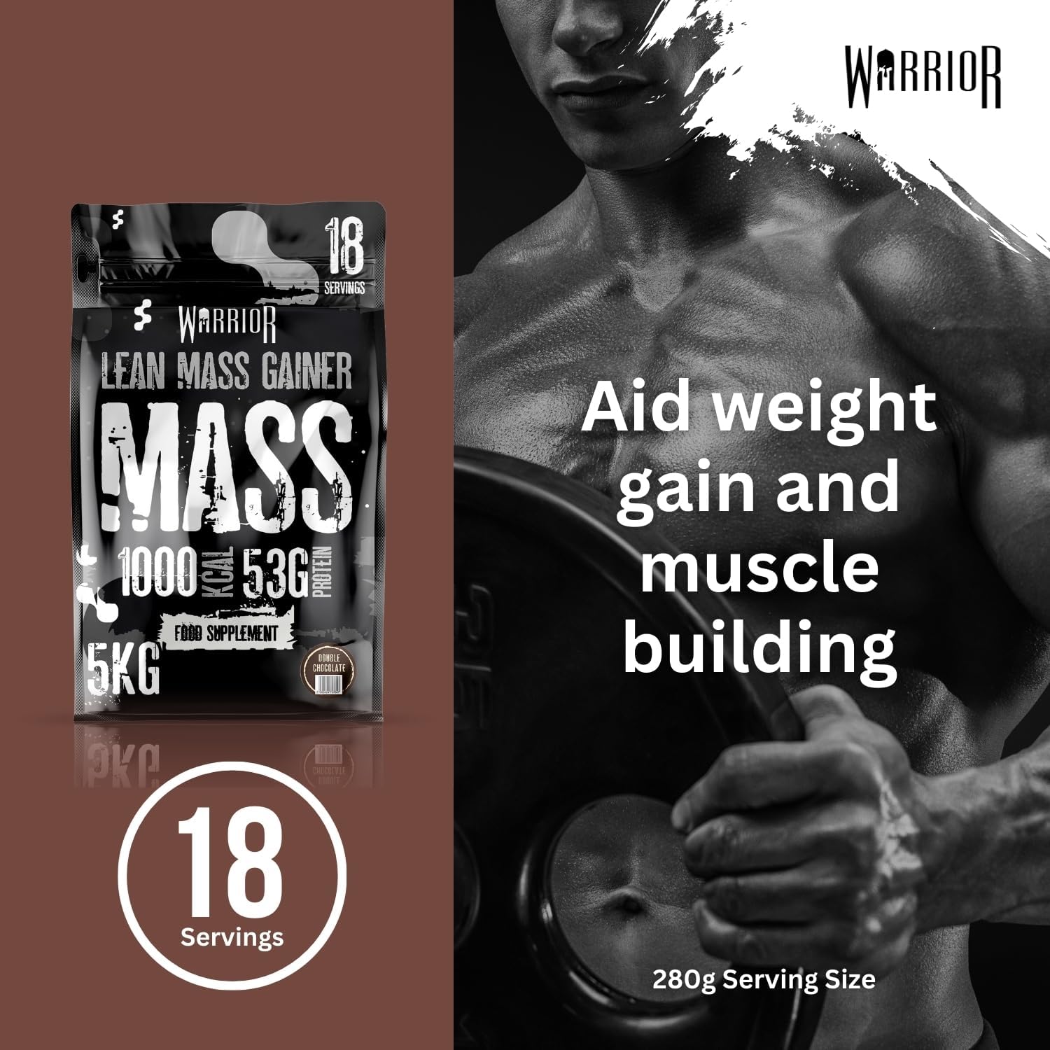 گینر افزایش وزن Warrior، 60 گرم پروتئین، 5 کیلوگرم، طعم شکلات دوبل