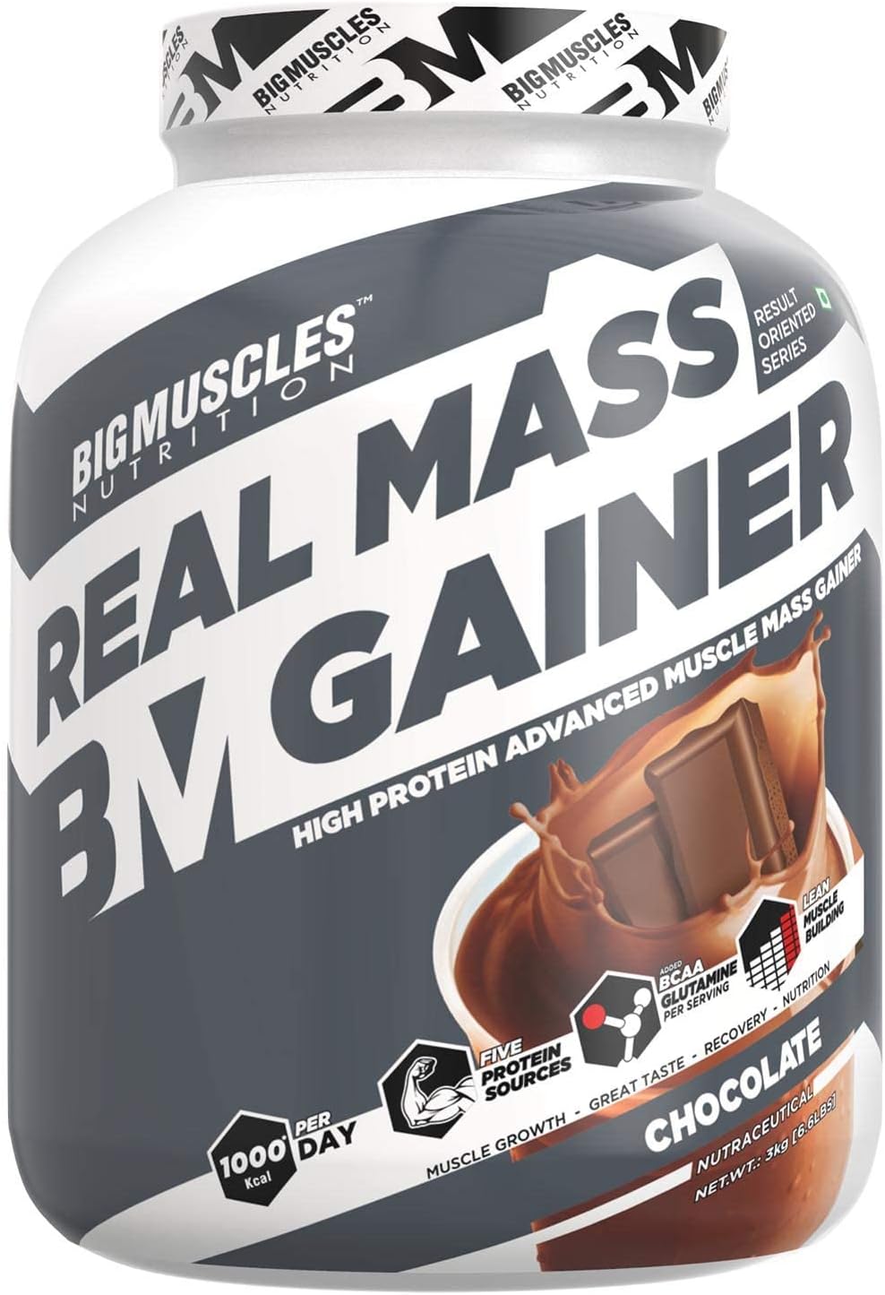 گینر افزایش وزن Bigmuscles Nutrition Real Mass Gainer، 3 کیلوگرم، طعم شکلاتی