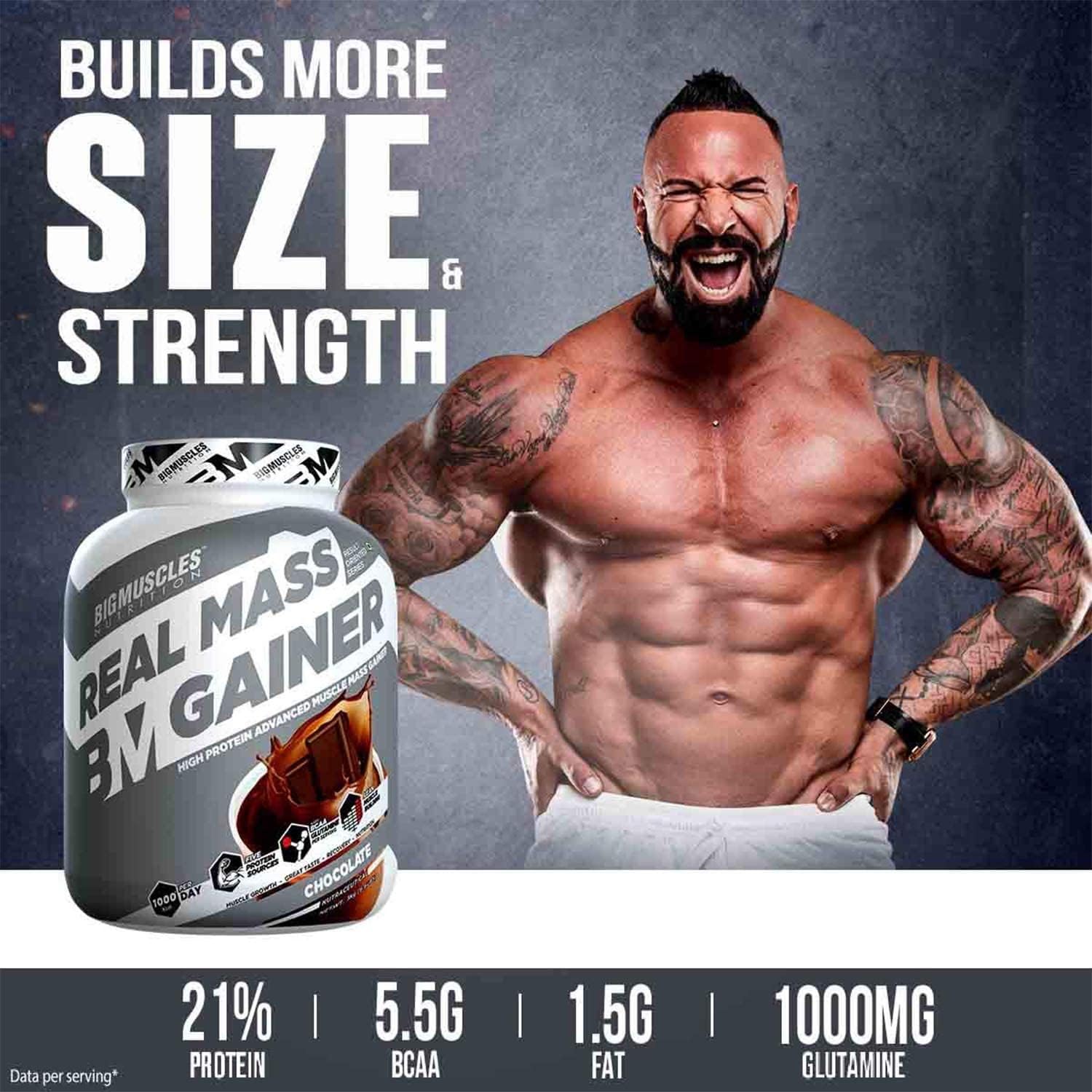 گینر افزایش وزن Bigmuscles Nutrition Real Mass Gainer، 3 کیلوگرم، طعم شکلاتی