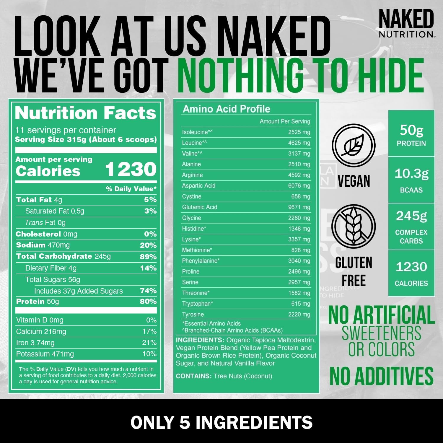 گینر وگان افزایش وزن Naked Mass، 8 پوند، 11 سروینگ، طعم وانیلی