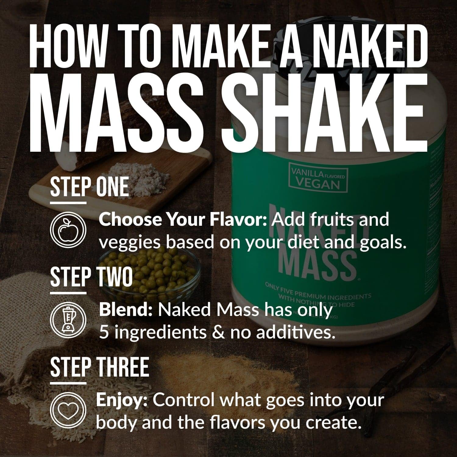گینر وگان افزایش وزن Naked Mass، 8 پوند، 11 سروینگ، طعم وانیلی