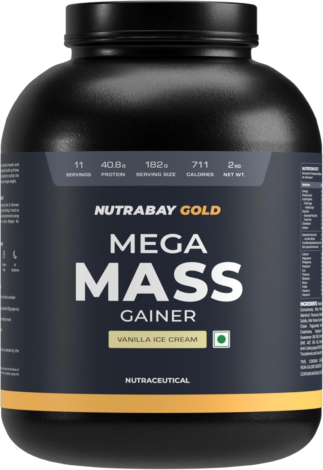 گینر افزایش وزن Nutrabay Mega Mass Gainer، 40.8 گرم پروتئین، 2 کیلوگرم، طعم بستنی وانیلی