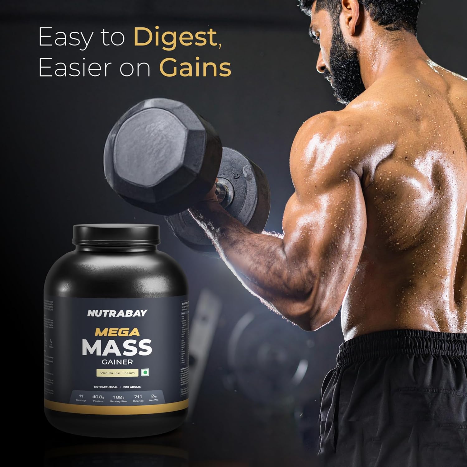 گینر افزایش وزن Nutrabay Mega Mass Gainer، 40.8 گرم پروتئین، 2 کیلوگرم، طعم بستنی وانیلی