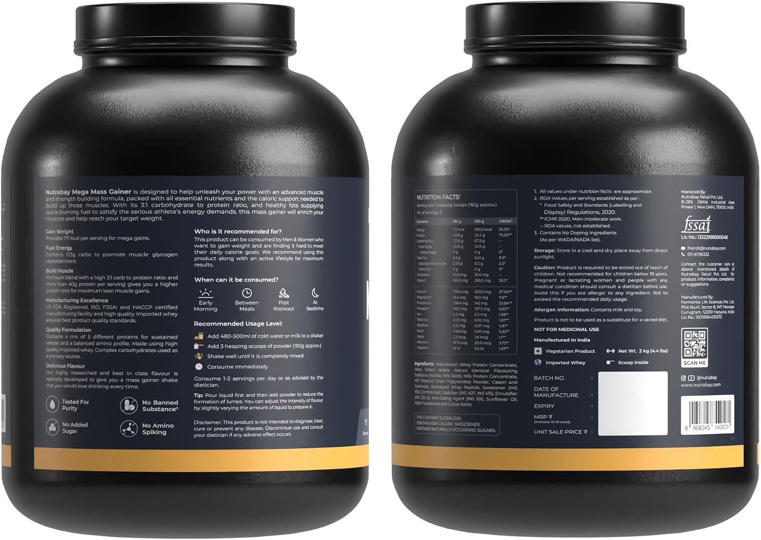 گینر افزایش وزن Nutrabay Mega Mass Gainer، 40.8 گرم پروتئین، 2 کیلوگرم، طعم بستنی وانیلی