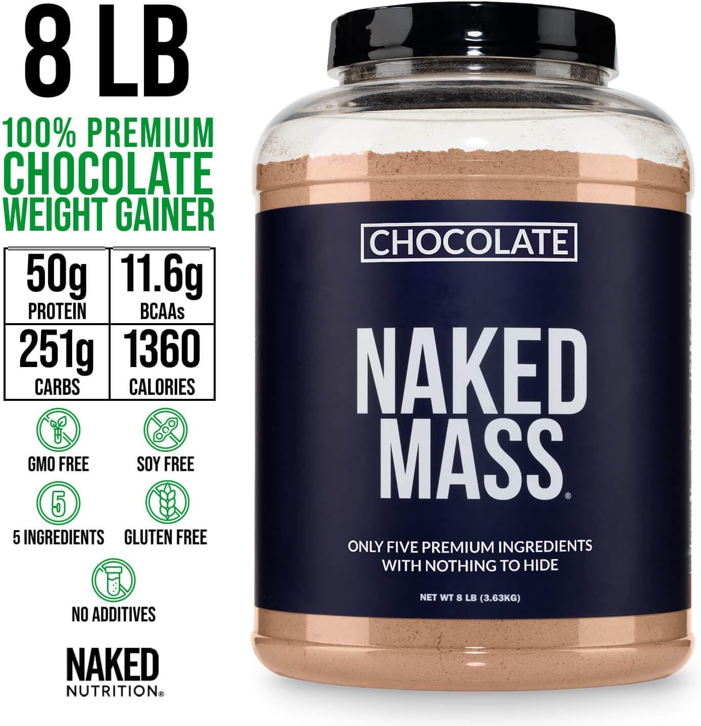 گینر افزایش وزن Naked Mass، 8 پوند، 11 سروینگ، طعم شکلاتی