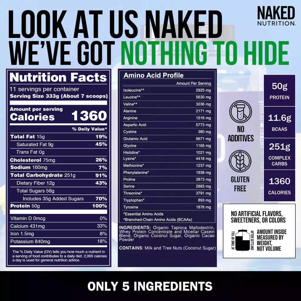 گینر افزایش وزن Naked Mass، 8 پوند، 11 سروینگ، طعم شکلاتی