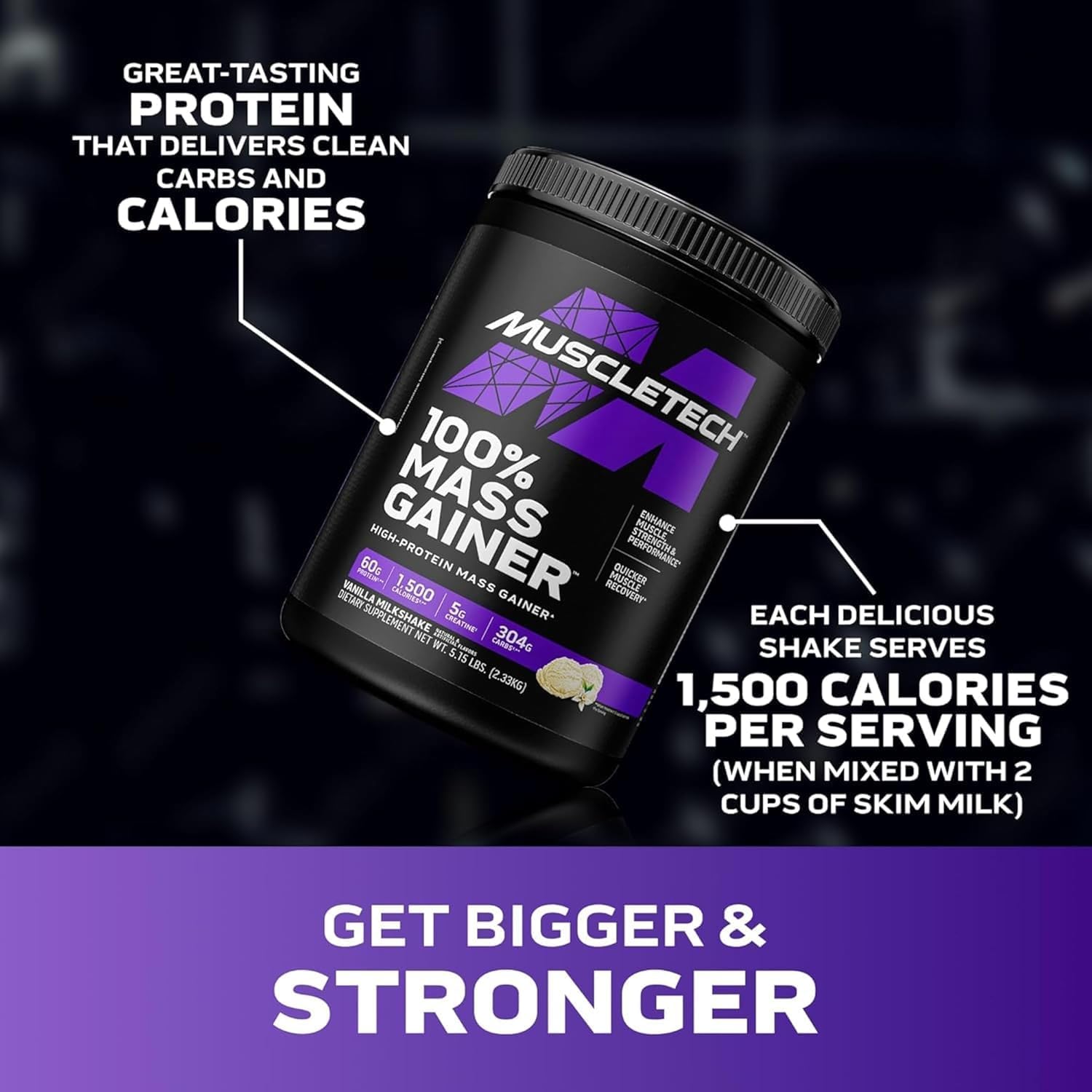 گینر افزایش وزن MuscleTech 100% Mass Gainer، 2330 گرم، طعم میلک‌شیک وانیلی