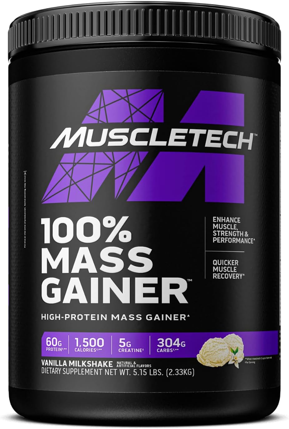 گینر افزایش وزن MuscleTech 100% Mass Gainer، 2330 گرم، طعم میلک‌شیک وانیلی