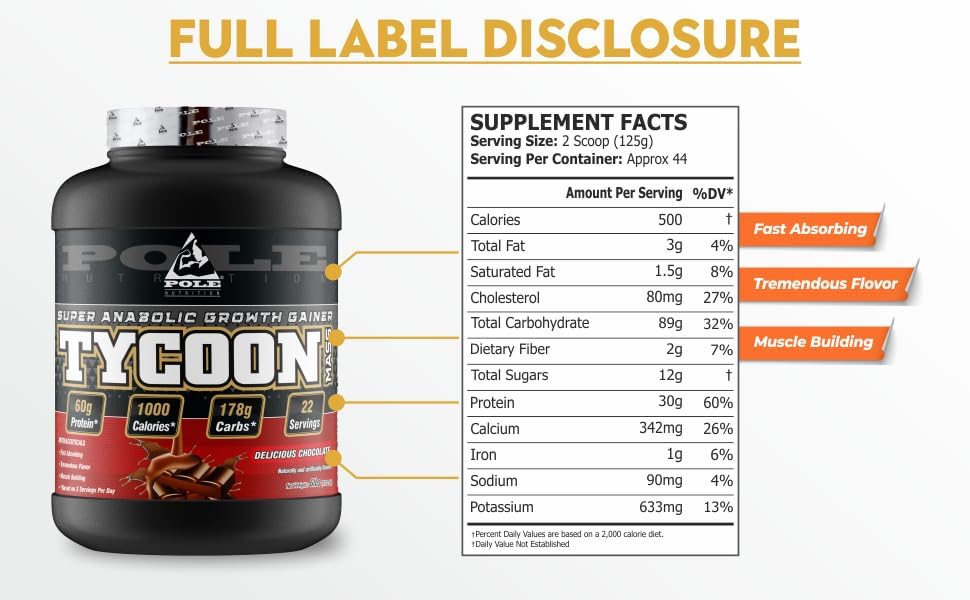 گینر افزایش وزن Pole Nutrition TYCOON Mass Gainer، 6 پوند، طعم شکلاتی