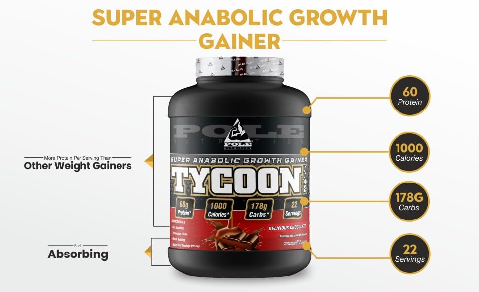 گینر افزایش وزن Pole Nutrition TYCOON Mass Gainer، 6 پوند، طعم شکلاتی