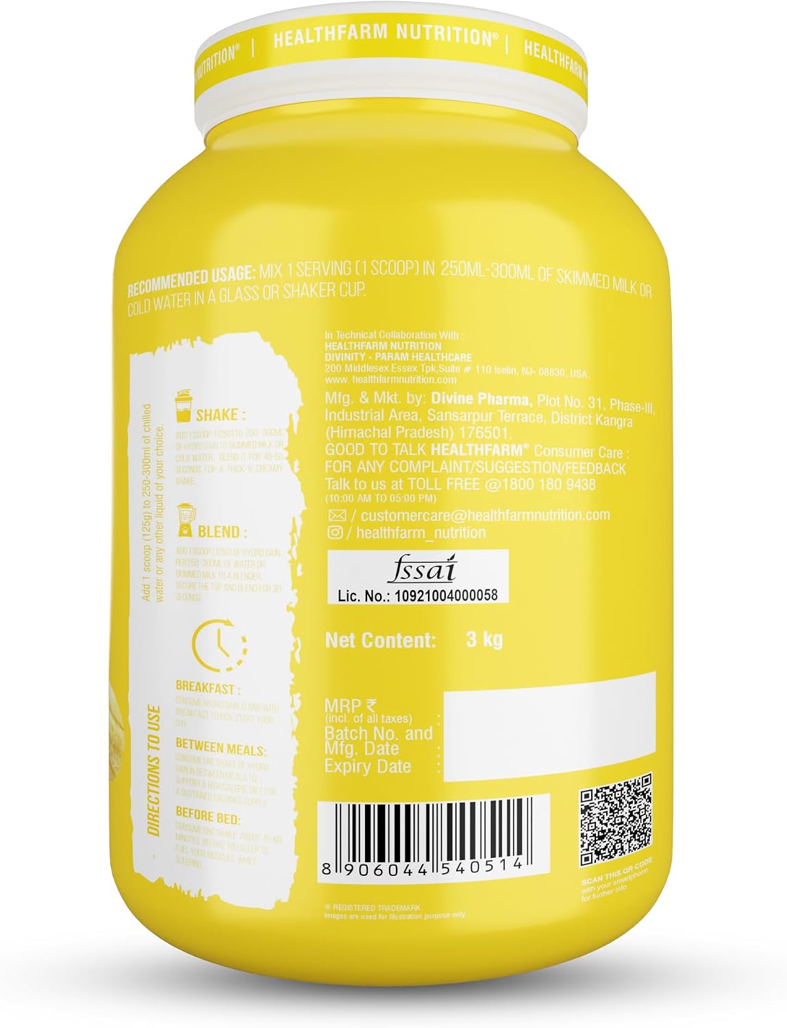 گینر افزایش وزن Healthfarm Hydro Gain، 3 کیلوگرم، طعم توت‌فرنگی و موز