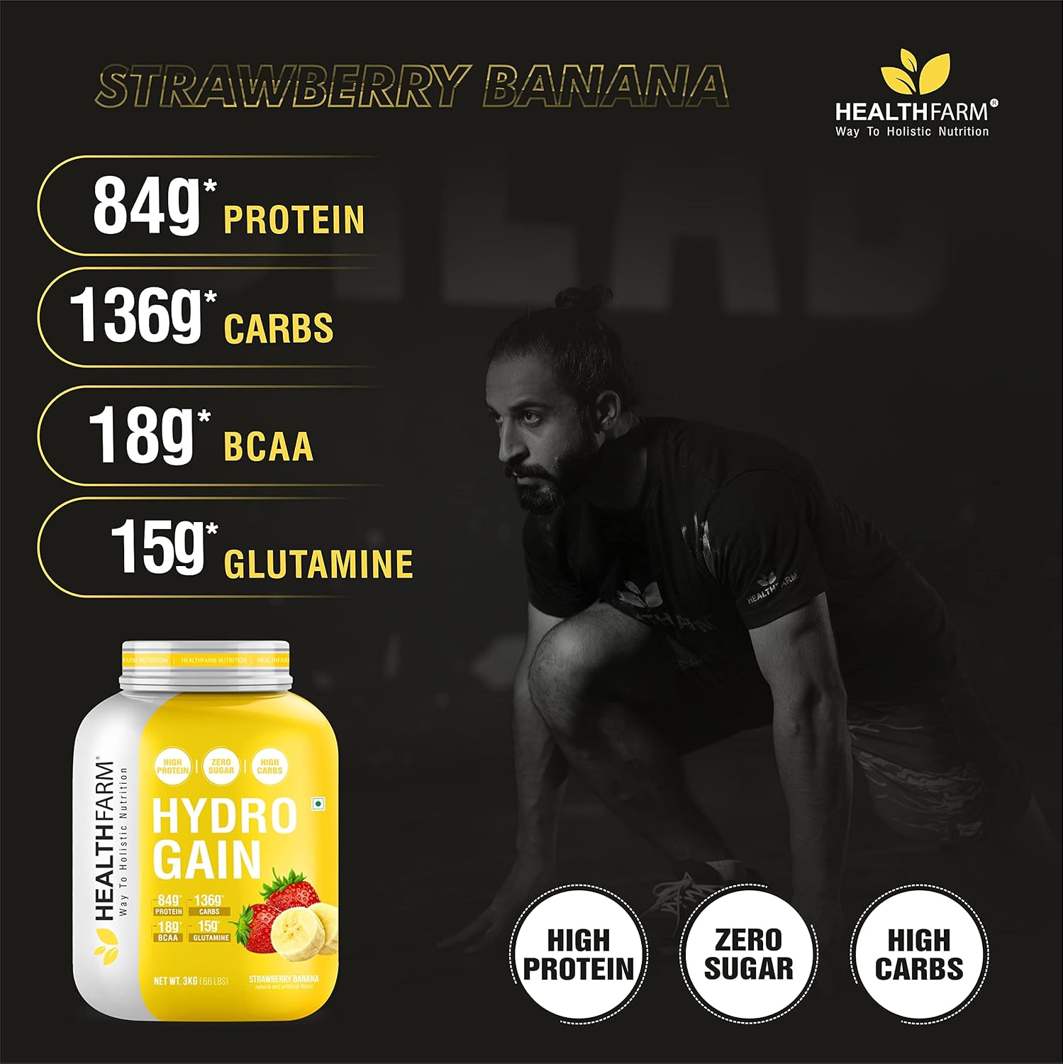 گینر افزایش وزن Healthfarm Hydro Gain، 3 کیلوگرم، طعم توت‌فرنگی و موز