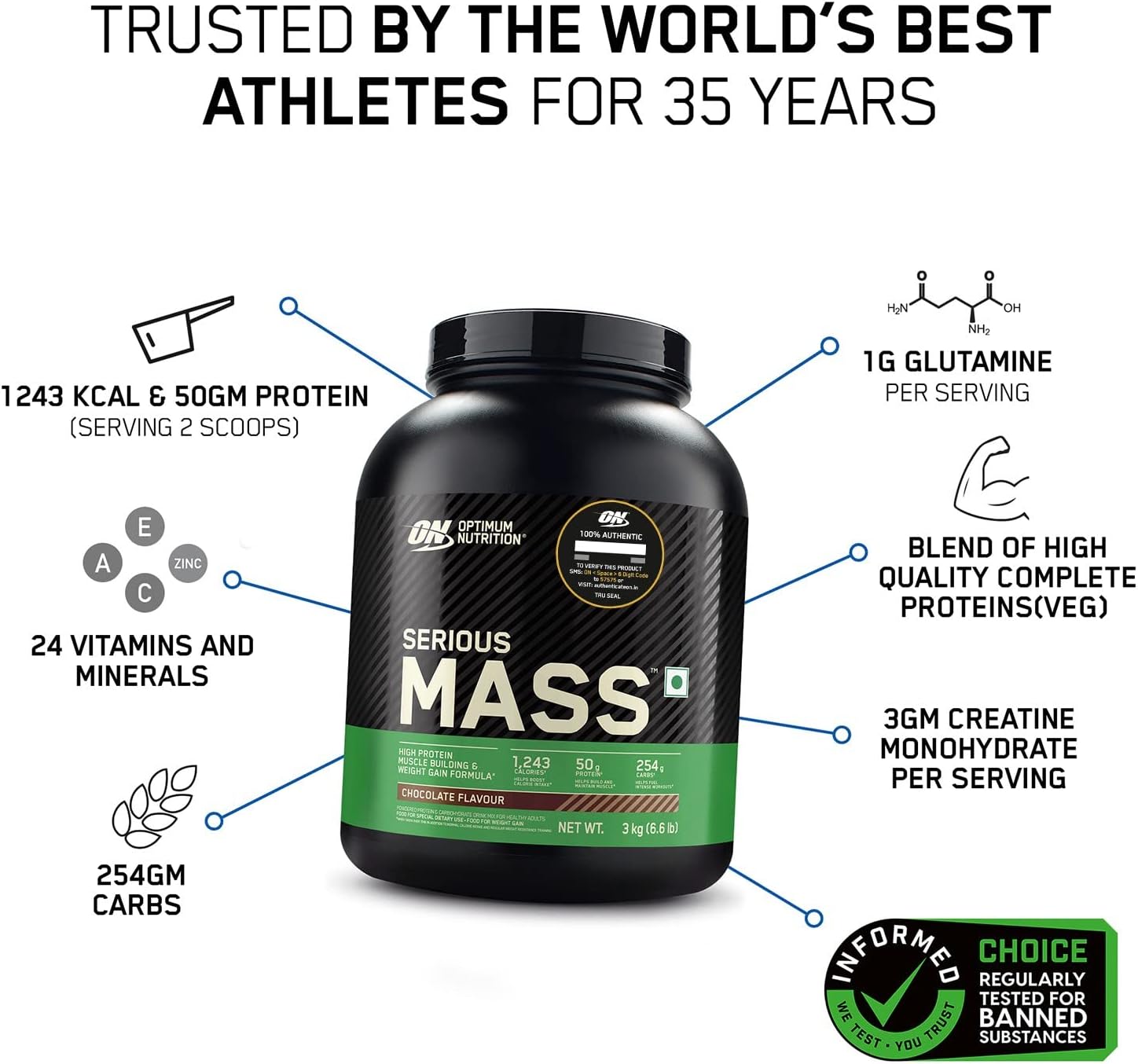 گینر افزایش وزن OPTIMUM NUTRITION (ON) Serious Mass، 3 کیلوگرم، طعم شکلاتی