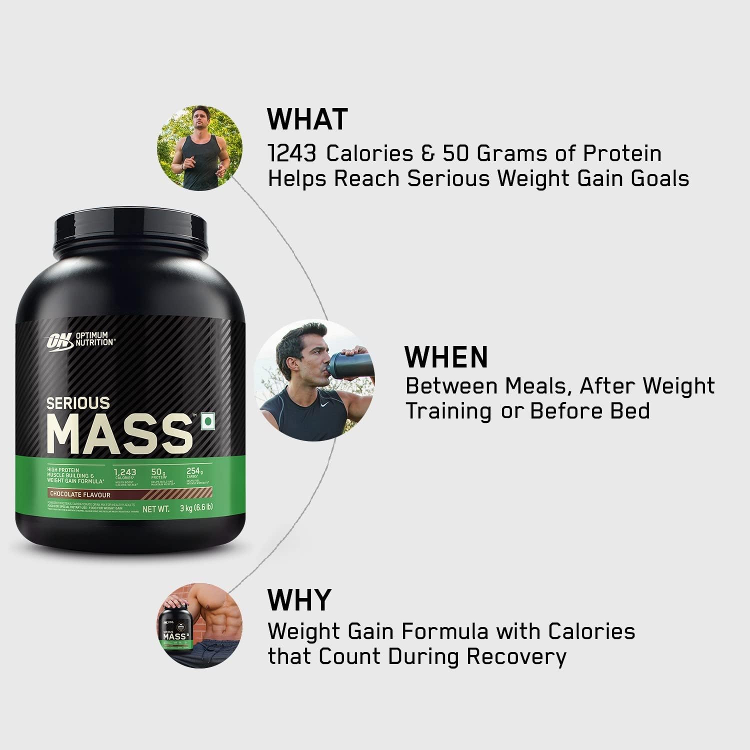 گینر افزایش وزن OPTIMUM NUTRITION (ON) Serious Mass، 3 کیلوگرم، طعم شکلاتی