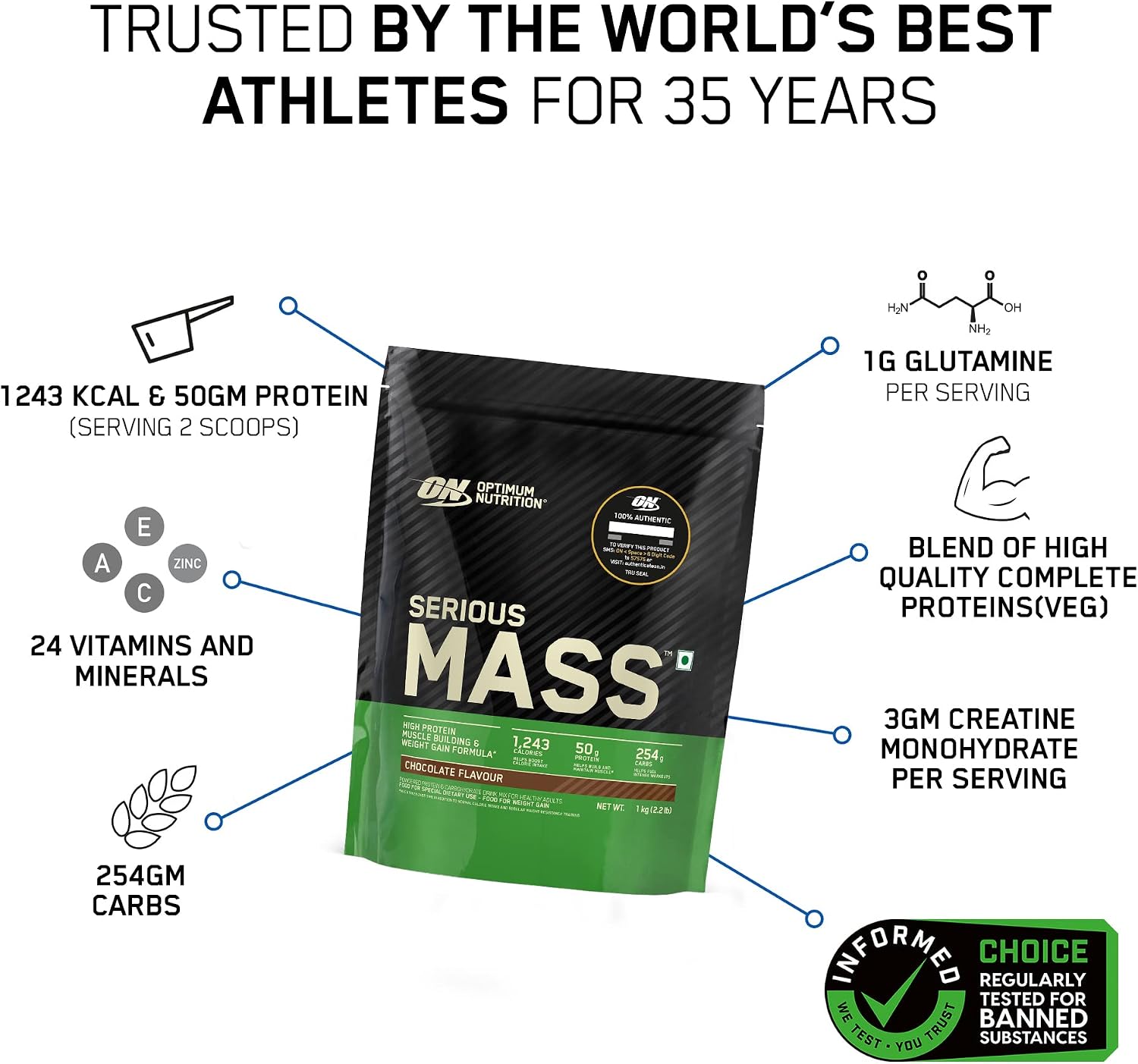 گینر افزایش وزن Optimum Nutrition (ON) Serious Mass، 1 کیلوگرم، طعم شکلاتی