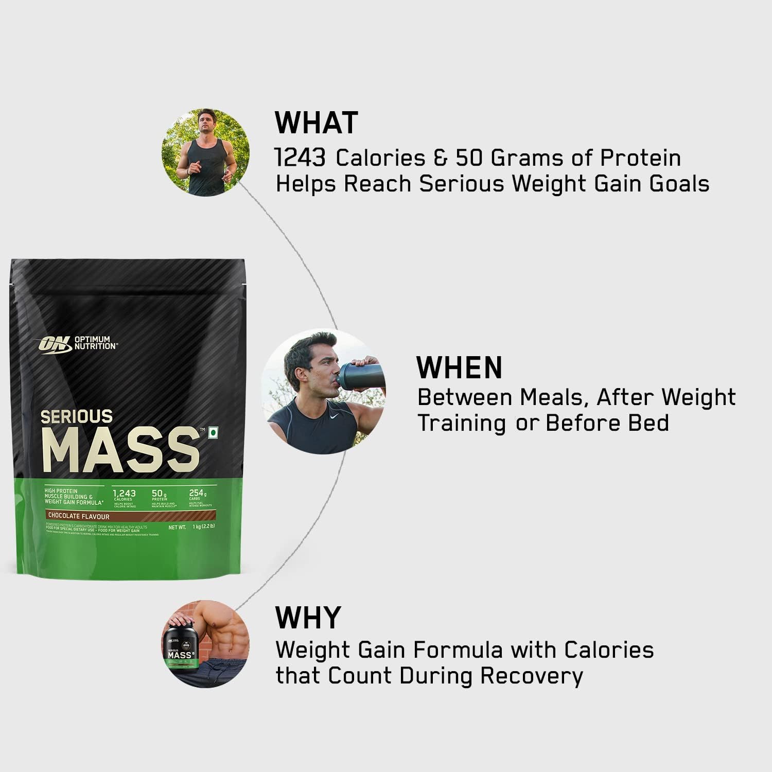گینر افزایش وزن Optimum Nutrition (ON) Serious Mass، 1 کیلوگرم، طعم شکلاتی