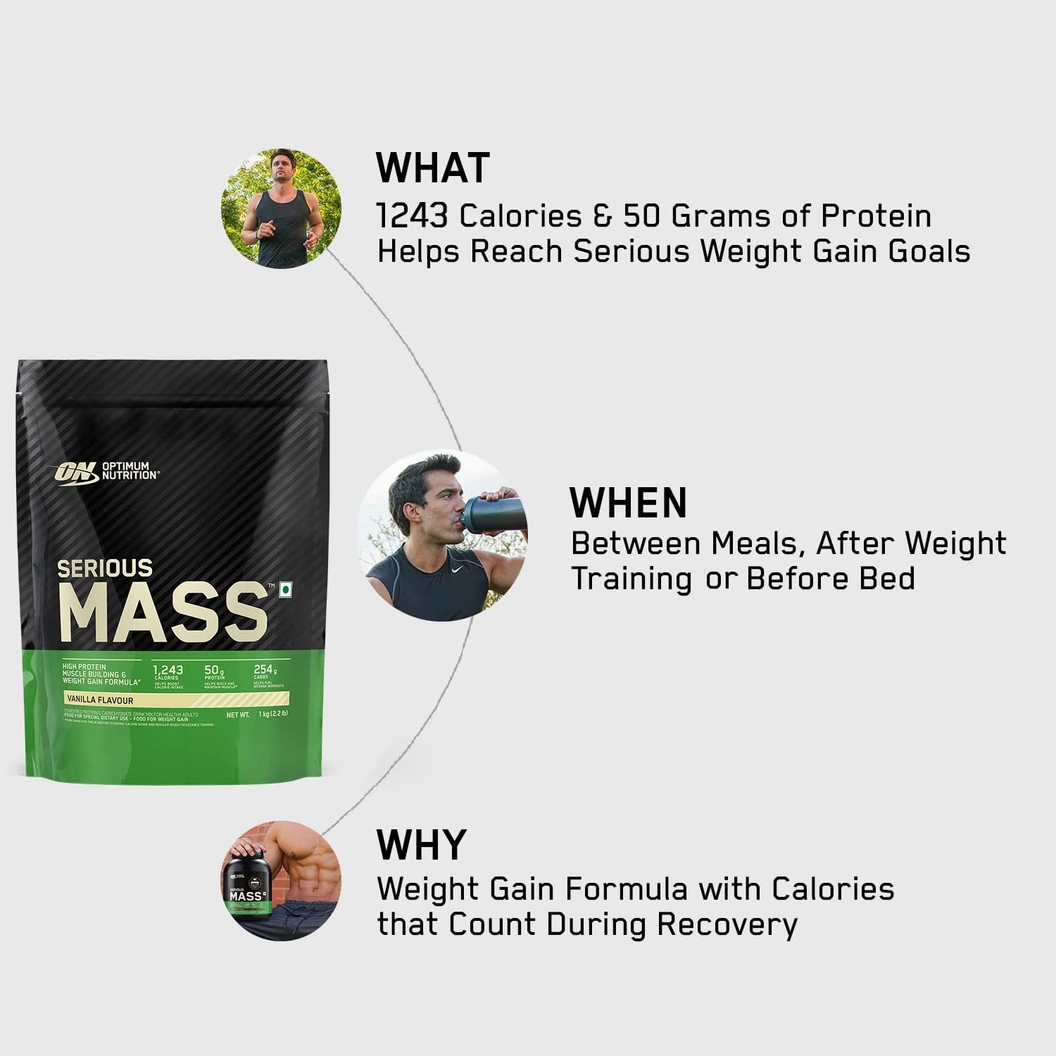 گینر افزایش وزن Optimum Nutrition (ON) Serious Mass، 1 کیلوگرم، طعم وانیلی