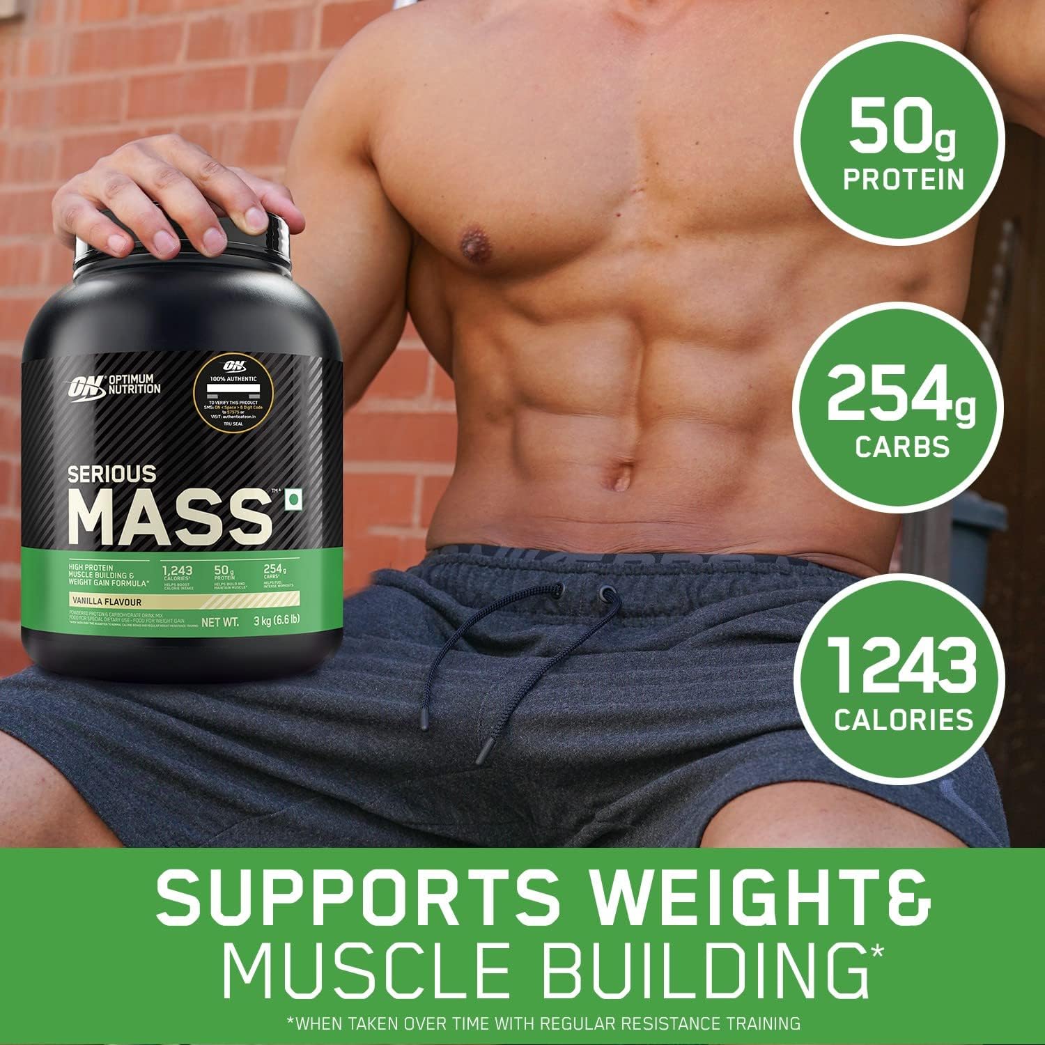 گینر افزایش وزن Optimum Nutrition (ON) Serious Mass، 3 کیلوگرم، طعم وانیلی