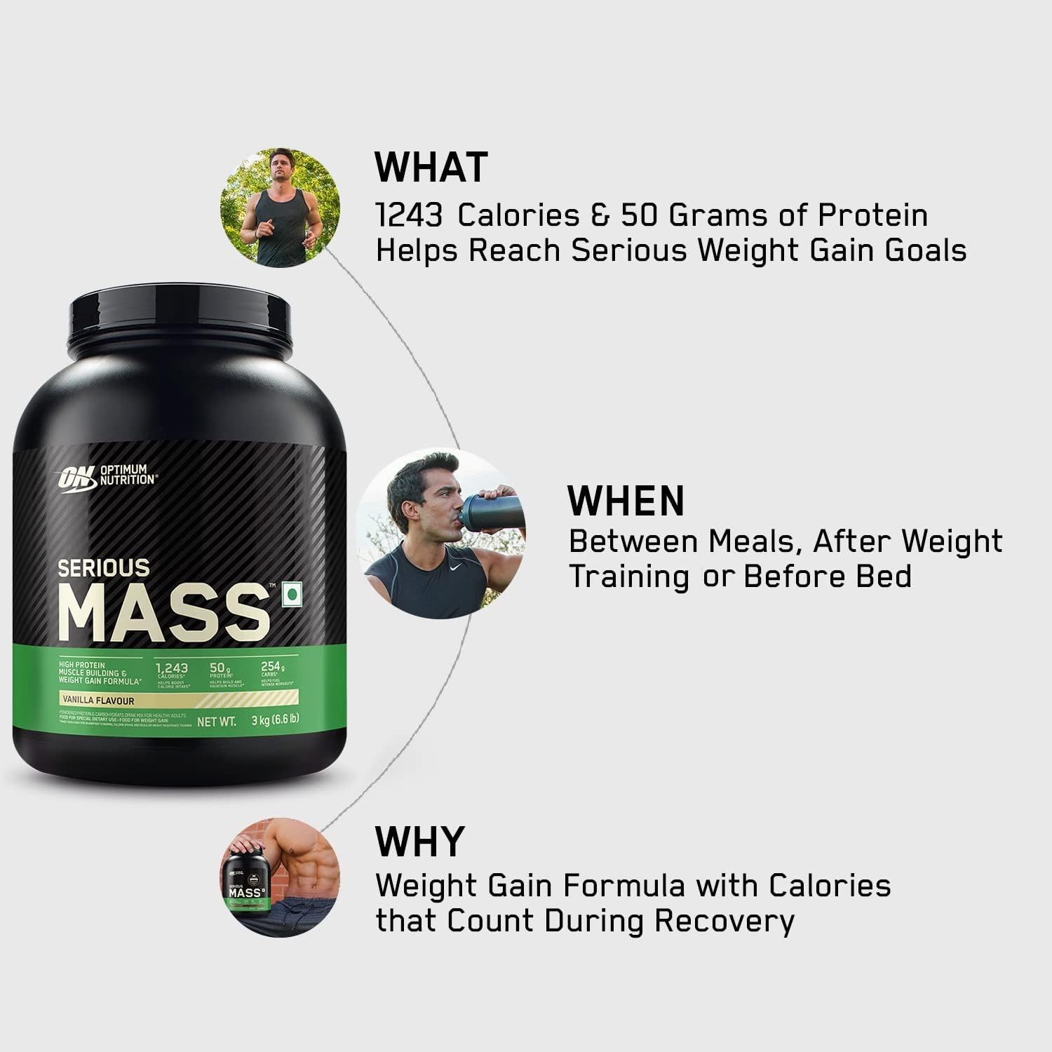 گینر افزایش وزن Optimum Nutrition (ON) Serious Mass، 3 کیلوگرم، طعم وانیلی