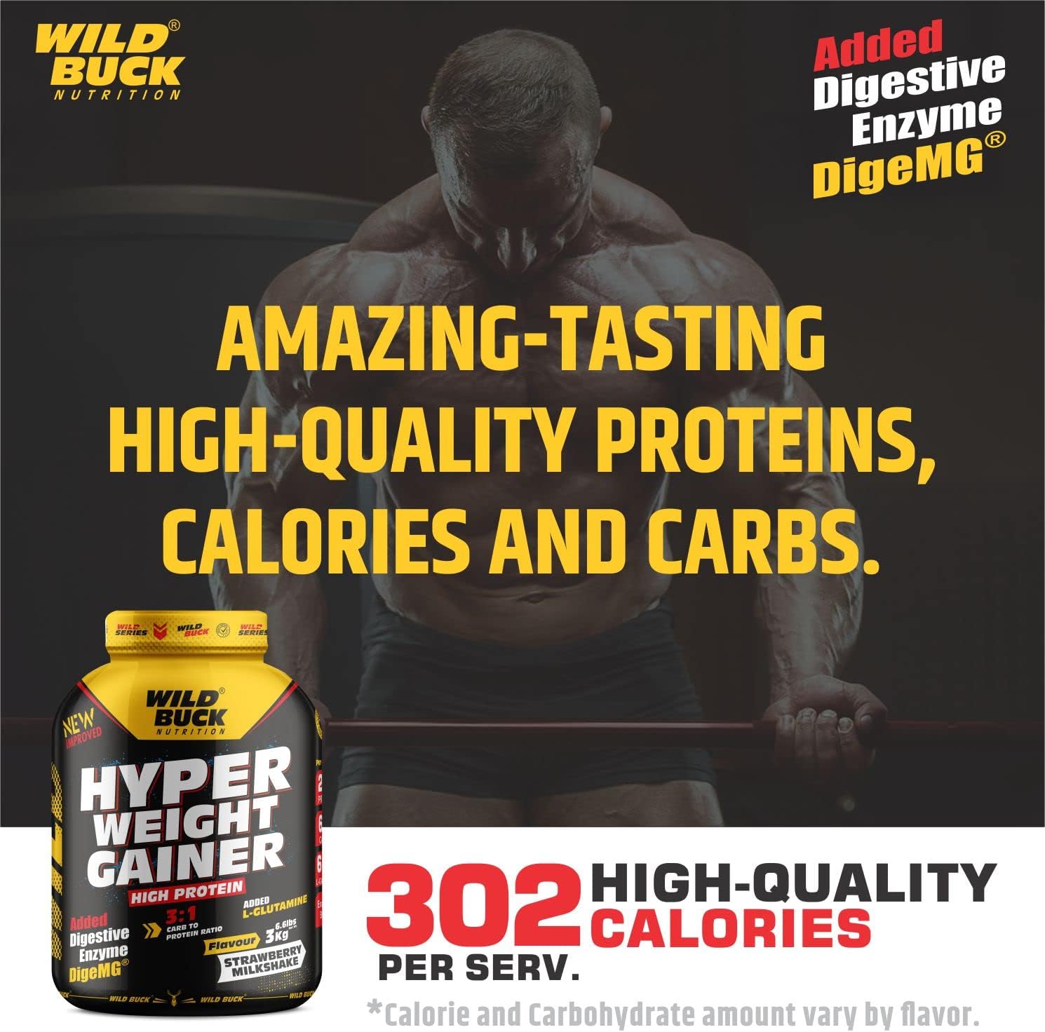 گینر افزایش وزن WILD BUCK، 3 کیلوگرم، طعم میلک‌شیک توت‌فرنگی