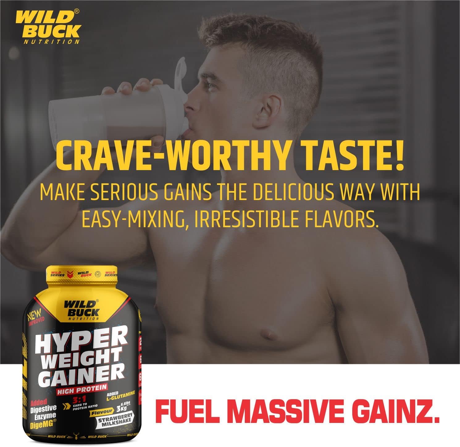 گینر افزایش وزن WILD BUCK، 3 کیلوگرم، طعم میلک‌شیک توت‌فرنگی