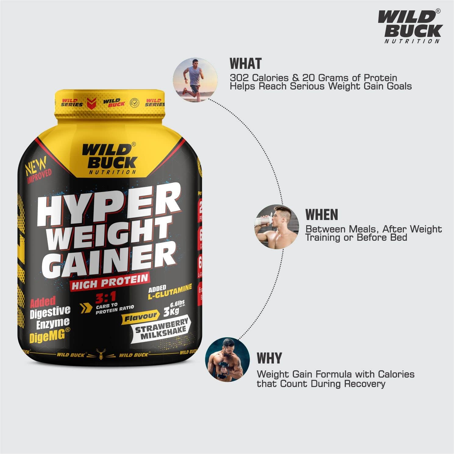 گینر افزایش وزن WILD BUCK، 3 کیلوگرم، طعم میلک‌شیک توت‌فرنگی