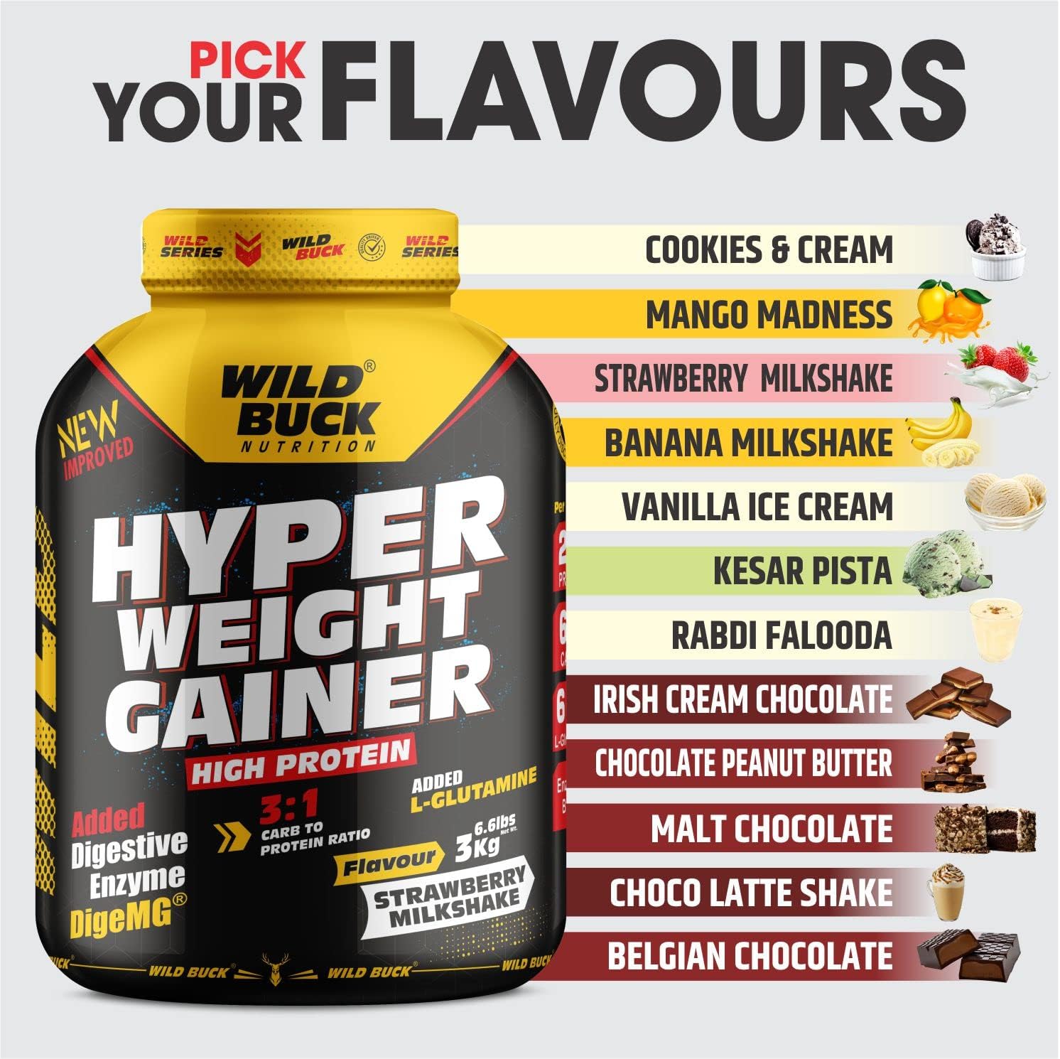 گینر افزایش وزن WILD BUCK، 3 کیلوگرم، طعم میلک‌شیک توت‌فرنگی