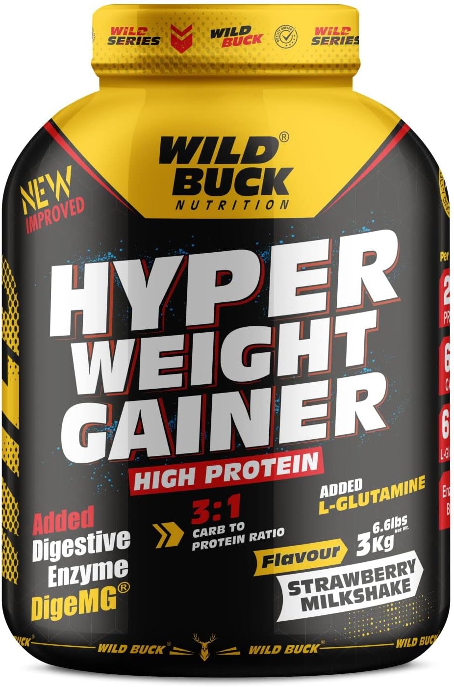 گینر افزایش وزن WILD BUCK، 3 کیلوگرم، طعم میلک‌شیک توت‌فرنگی