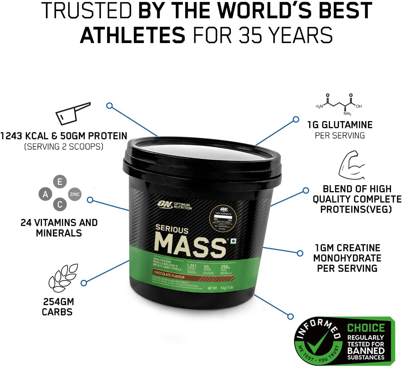 گینر افزایش وزن OPTIMUM NUTRITION (ON) Serious Mass، 5 کیلوگرم، طعم وانیلی