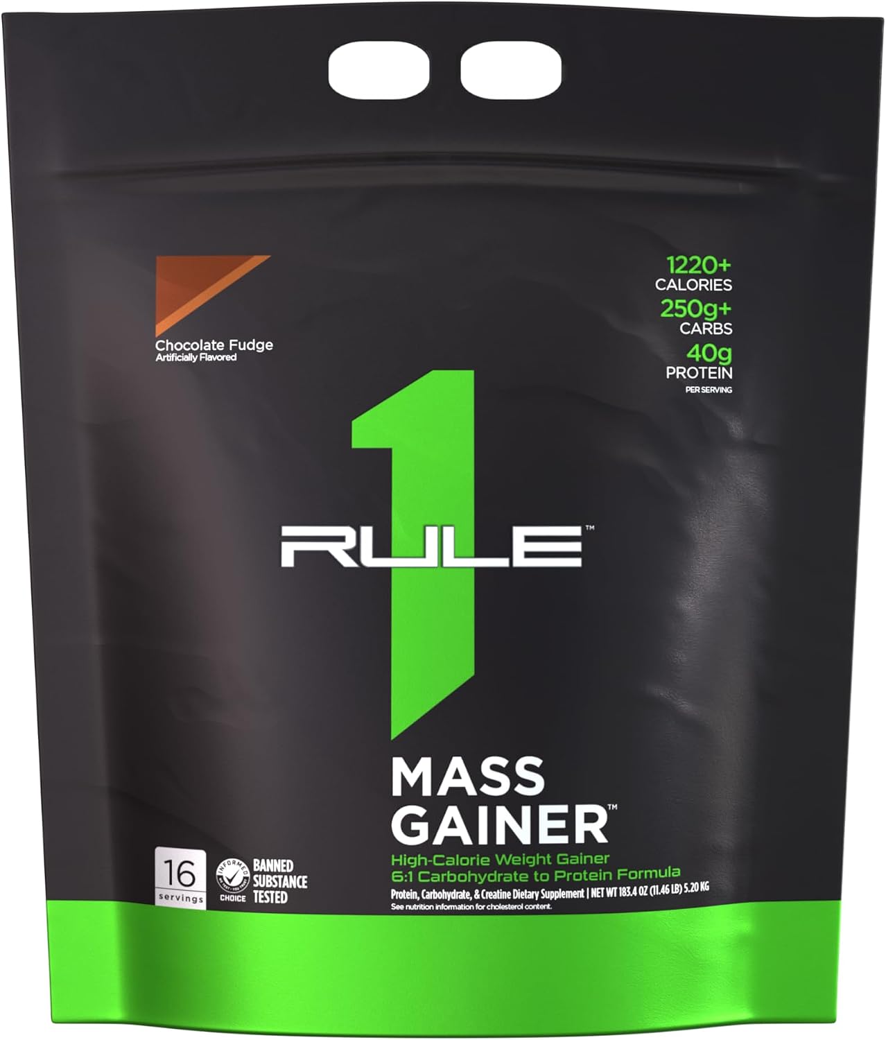 گینر افزایش وزن Rule1، 40 گرم پروتئین، 5.2 کیلوگرم، 16 سروینگ، طعم فاج شکلاتی