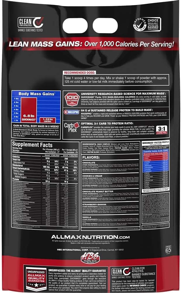 گینر افزایش وزن ALLMAX QUICKMASS، 10 پوند، طعم شکلاتی