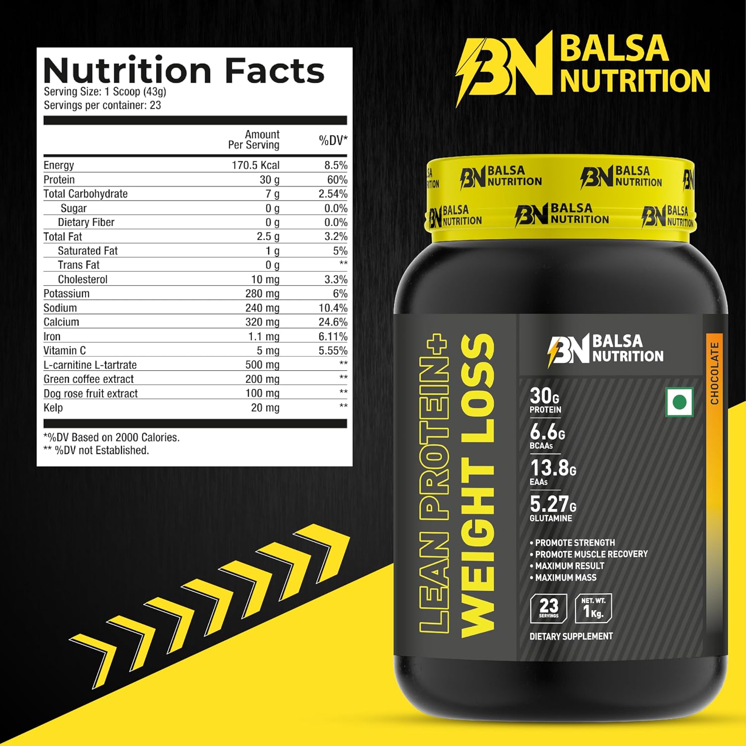 پودر پروتئین وی Balsa Nutrition، 1 کیلوگرم، 23 سروینگ، طعم شکلاتی