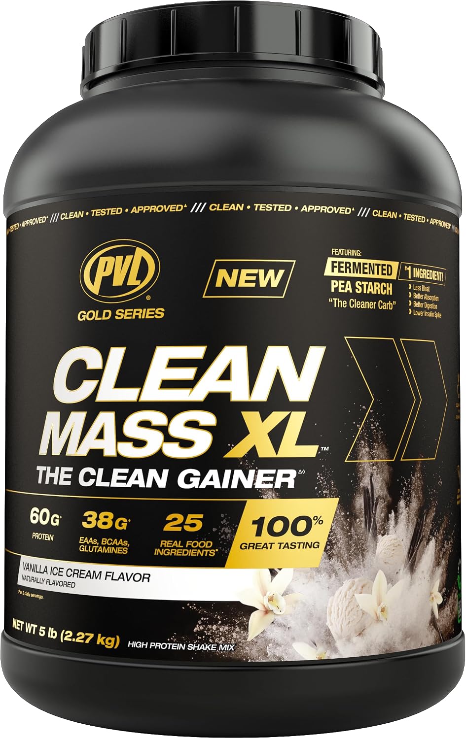گینر افزایش وزن PVL Clean Mass XL، 5 پوند، طعم وانیلی