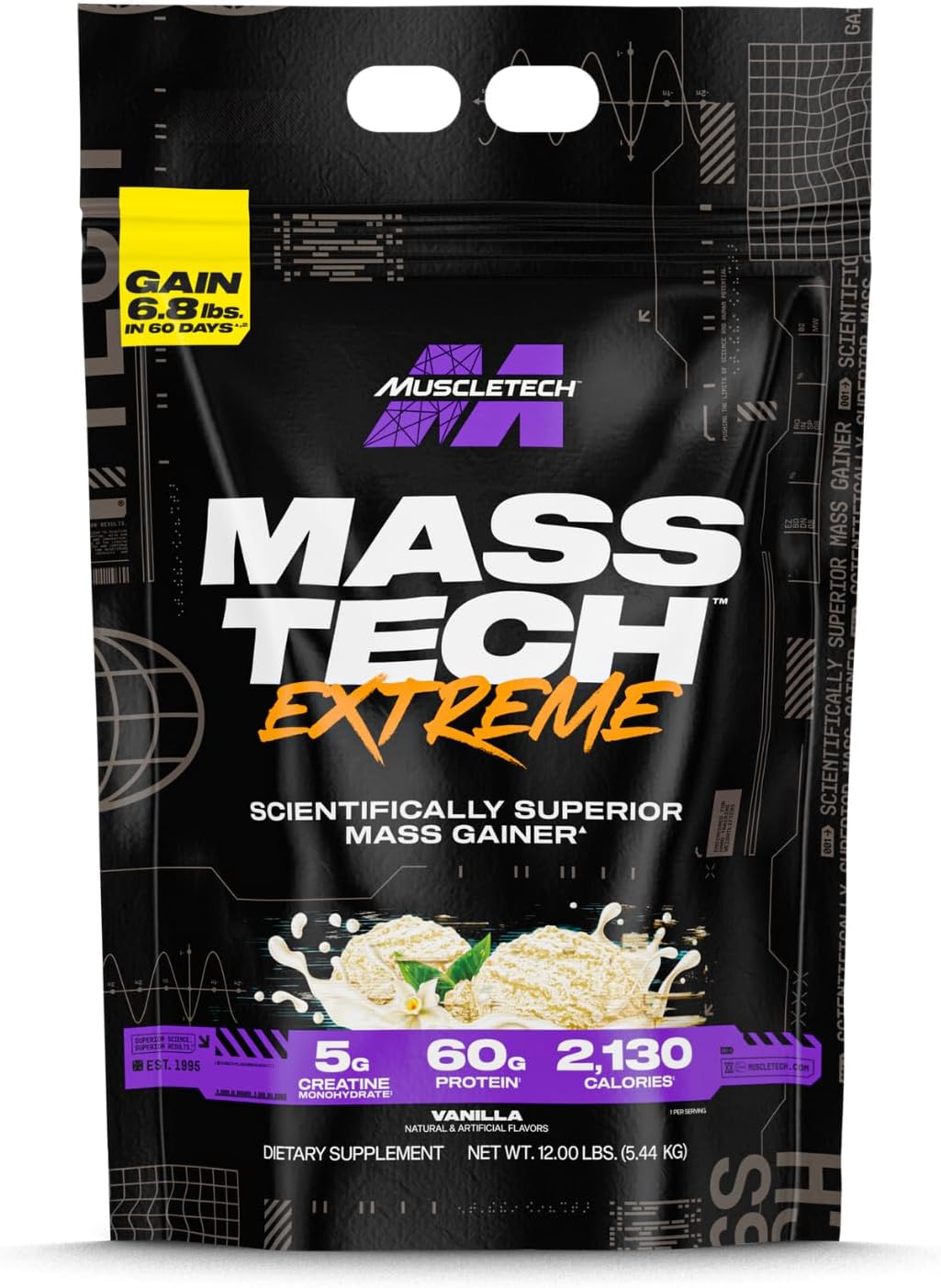 گینر افزایش وزن MuscleTech Mass-Tech Extreme، 60 گرم پروتئین، 5443 گرم، طعم میلک‌شیک وانیلی