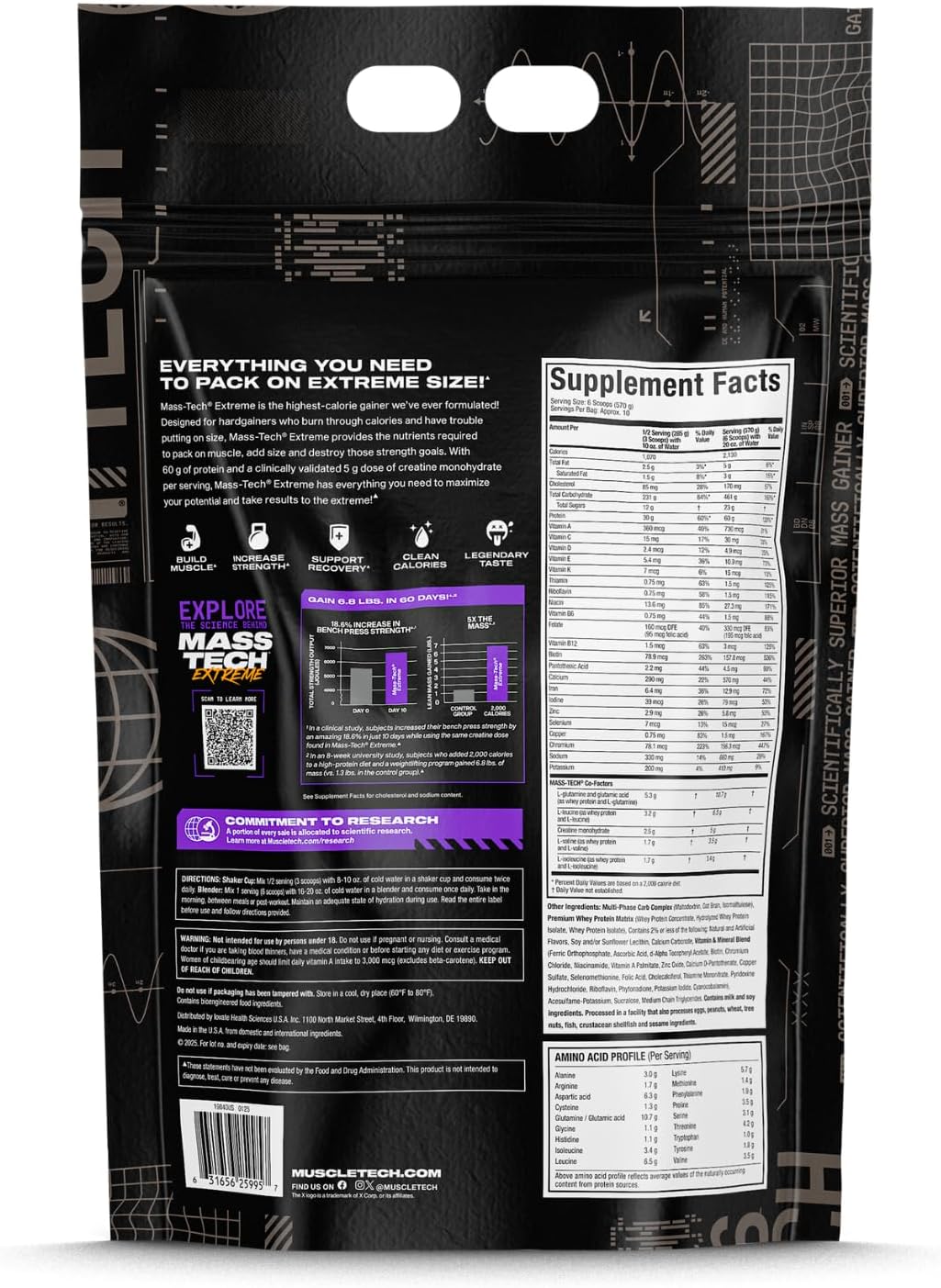 گینر افزایش وزن MuscleTech Mass-Tech Extreme، 60 گرم پروتئین، 5443 گرم، طعم میلک‌شیک وانیلی
