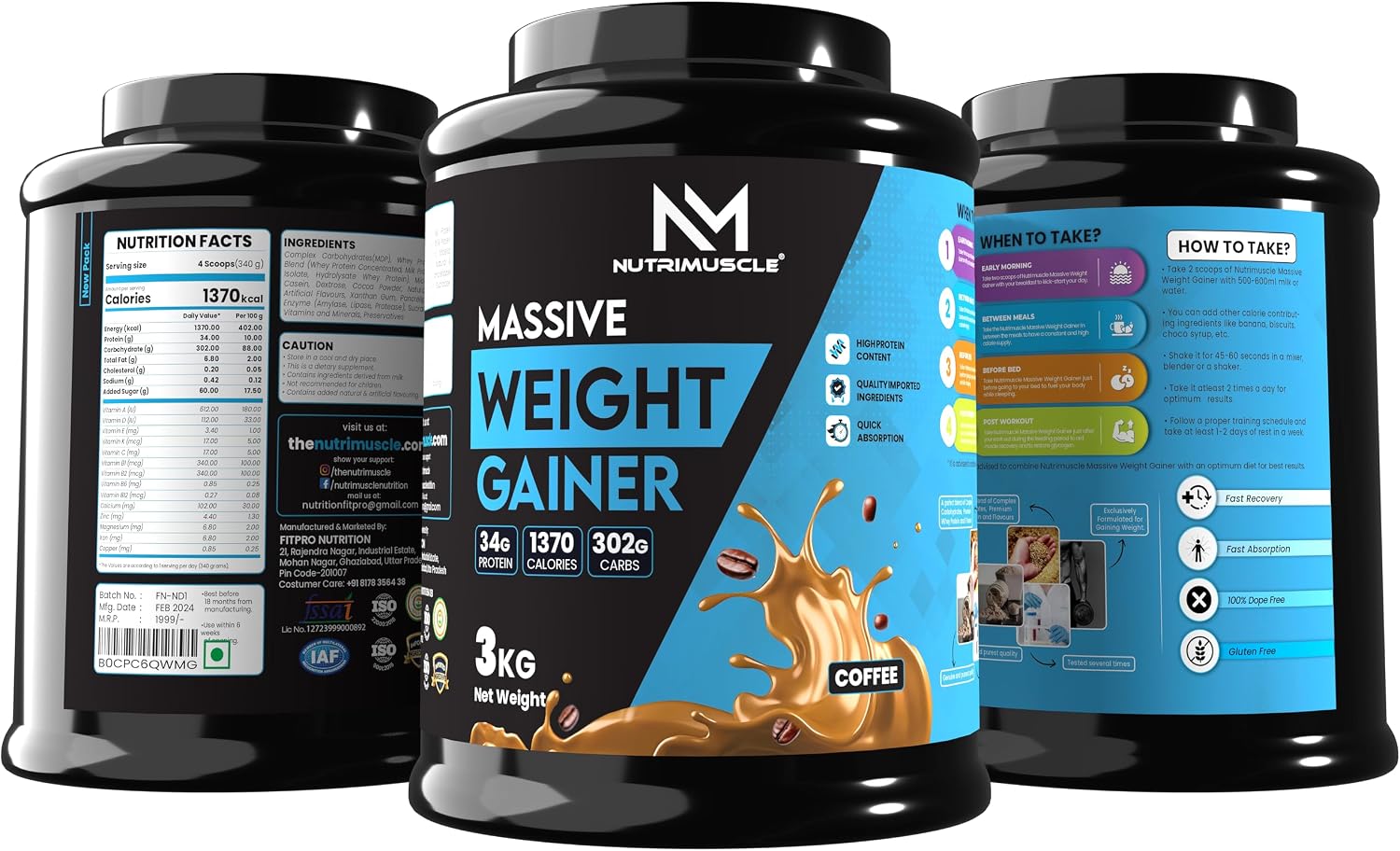 گینر افزایش وزن Nutrimuscle Massive Weight Gainer، 3 کیلوگرم، طعم شکلات لاته