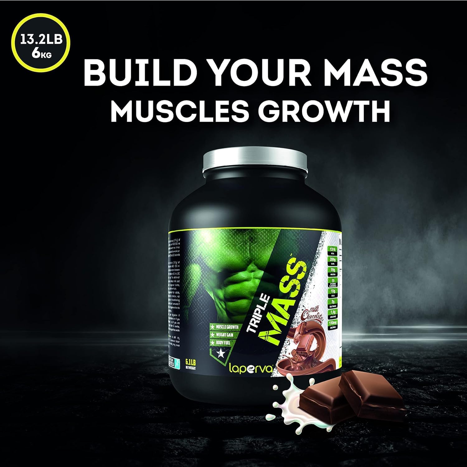 گینر افزایش وزن laperva Triple Mass، 6 پوند، طعم شکلات و بادام‌زمینی