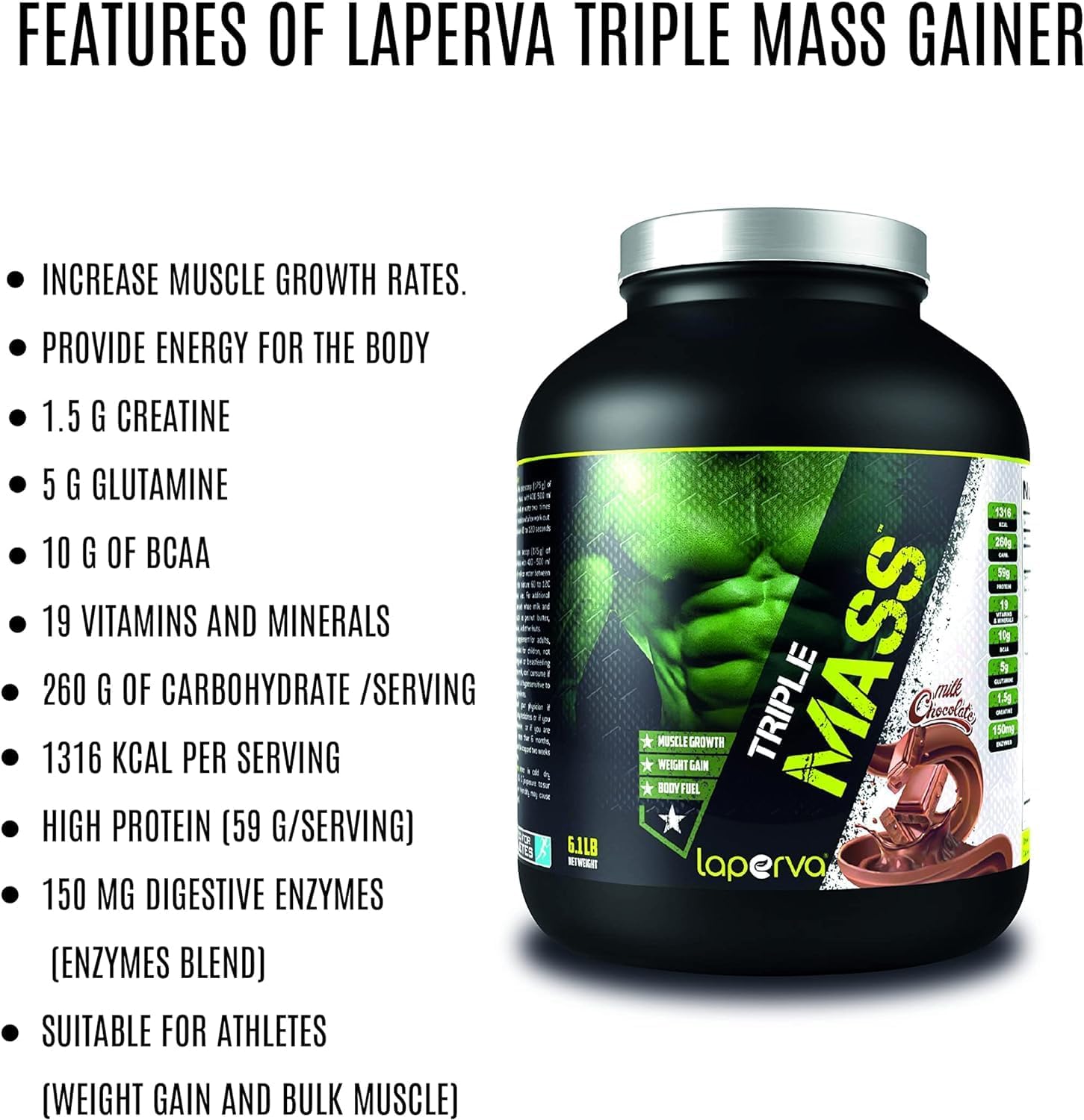 گینر افزایش وزن laperva Triple Mass، 6 پوند، طعم شکلات و بادام‌زمینی